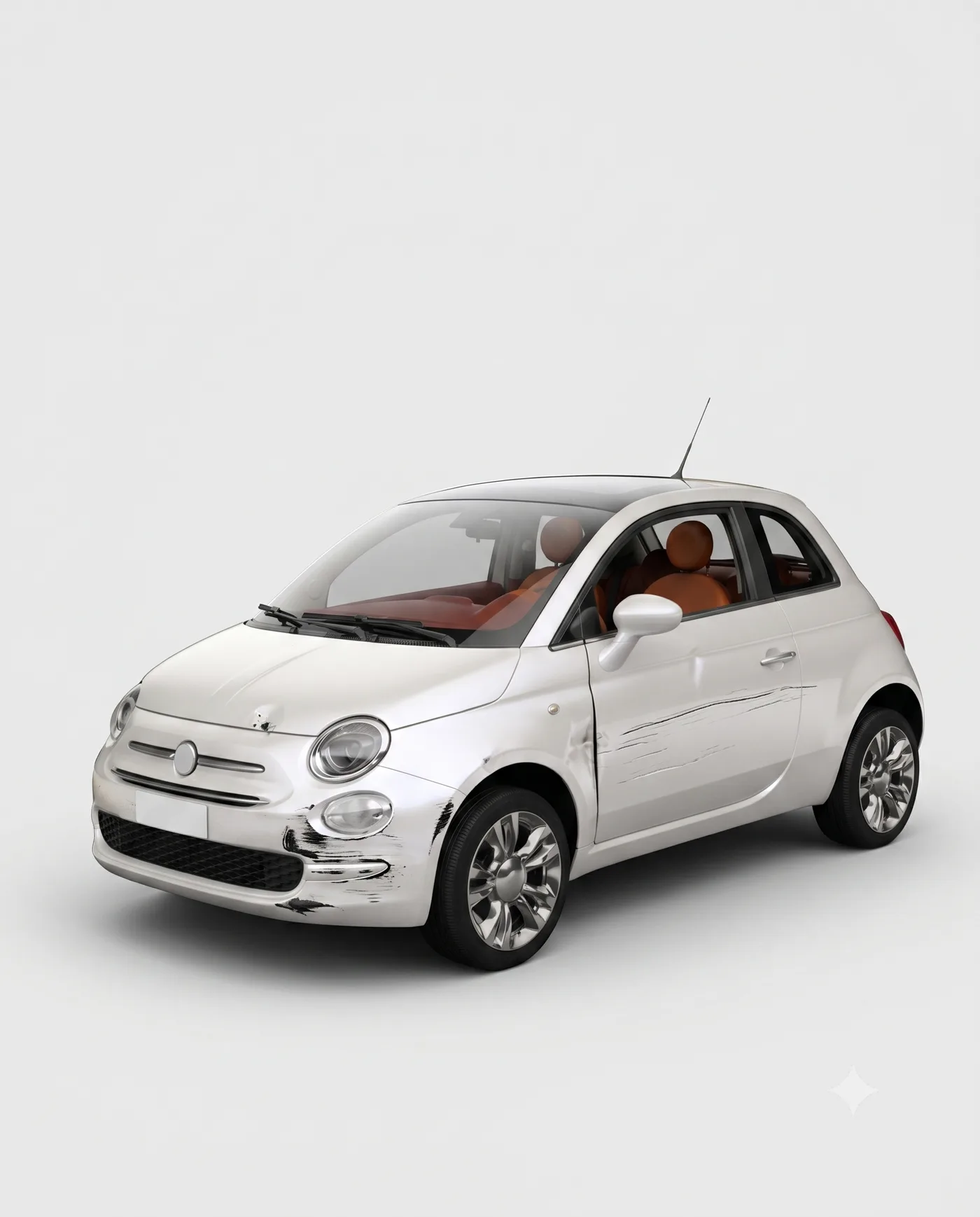 Studio photo of a white city car with three visible damages to find and photograph